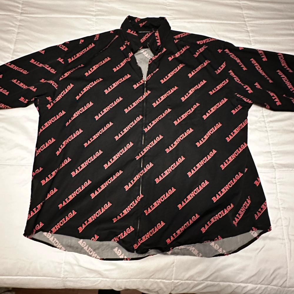 Balenciaga All-Over Zip-Up Dress Shirt, Mens, Black, Like New, Size 43